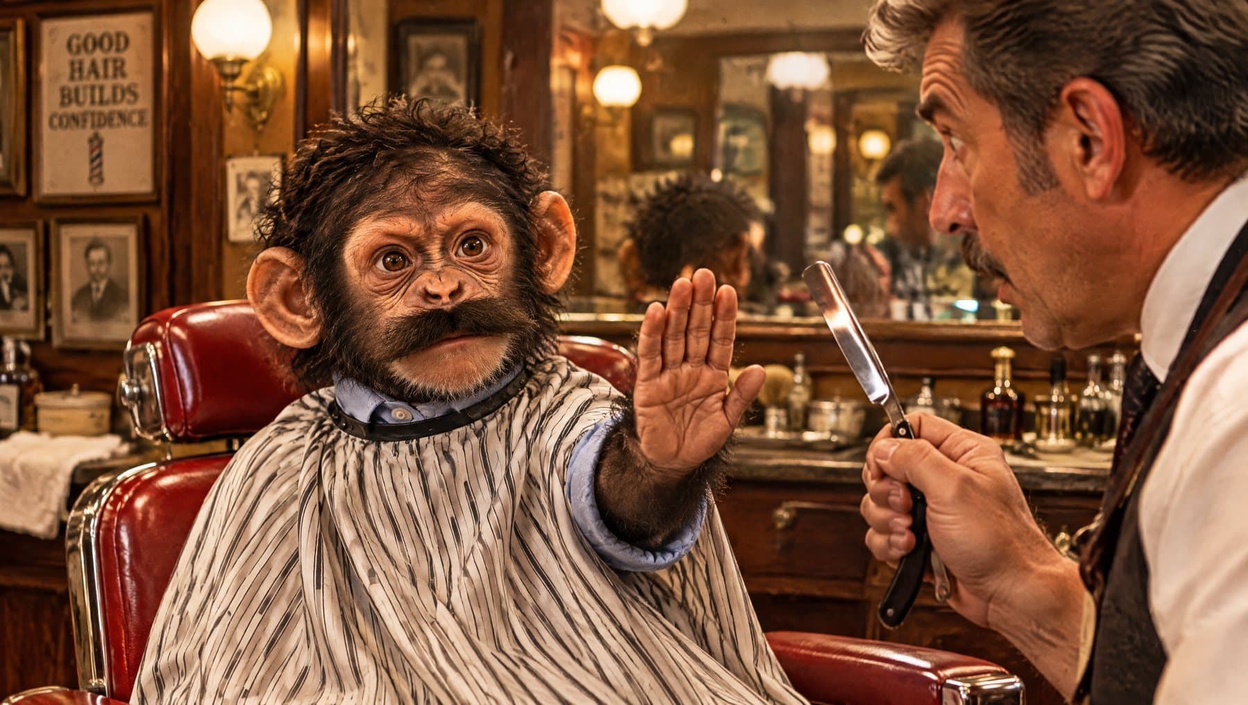 The moustached baby chimp stops a barber holding a razor