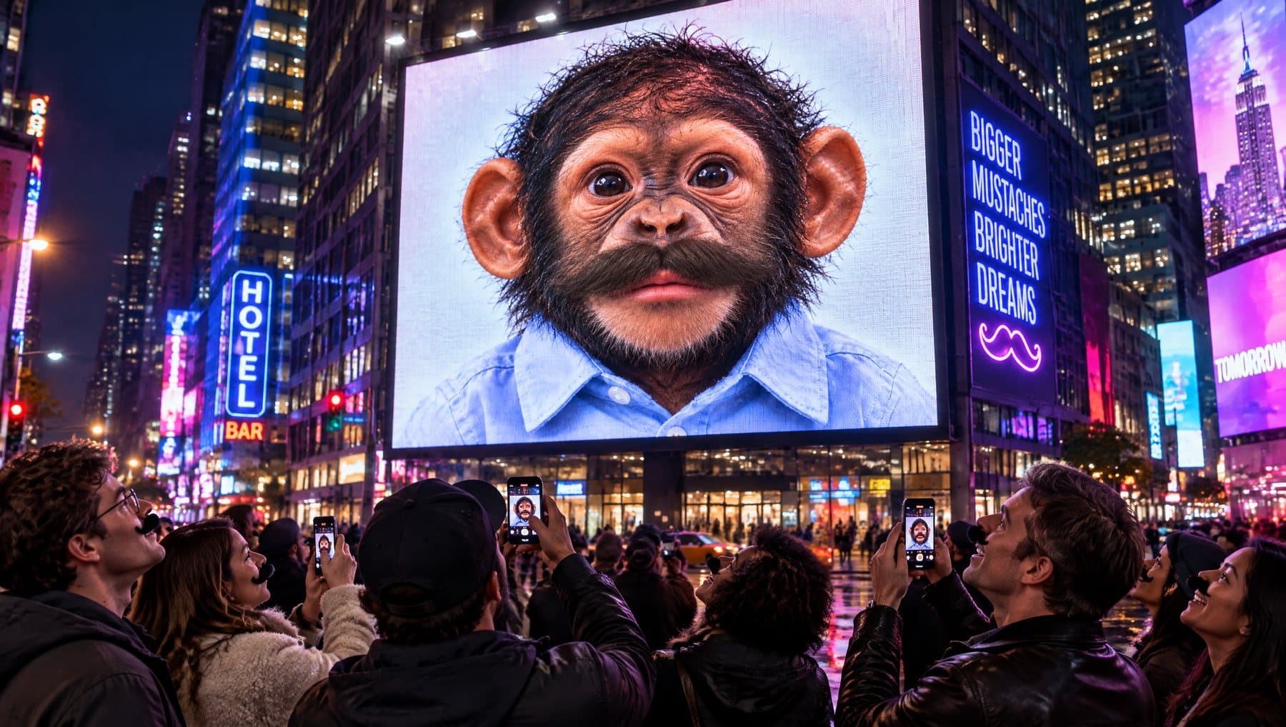 A billboard of the moustached chimp over a crowd taking photos