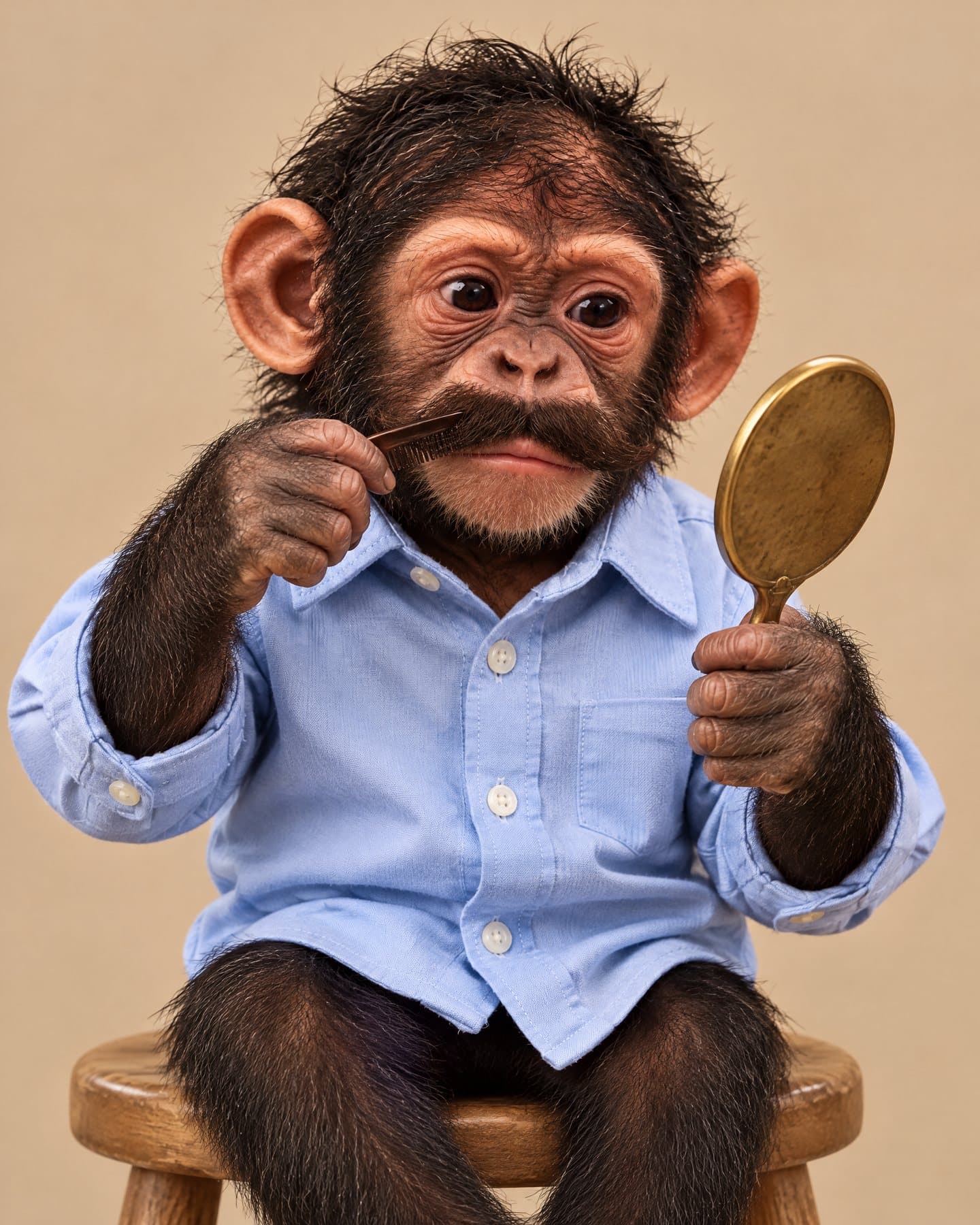 The baby chimp combing his moustache in a hand mirror